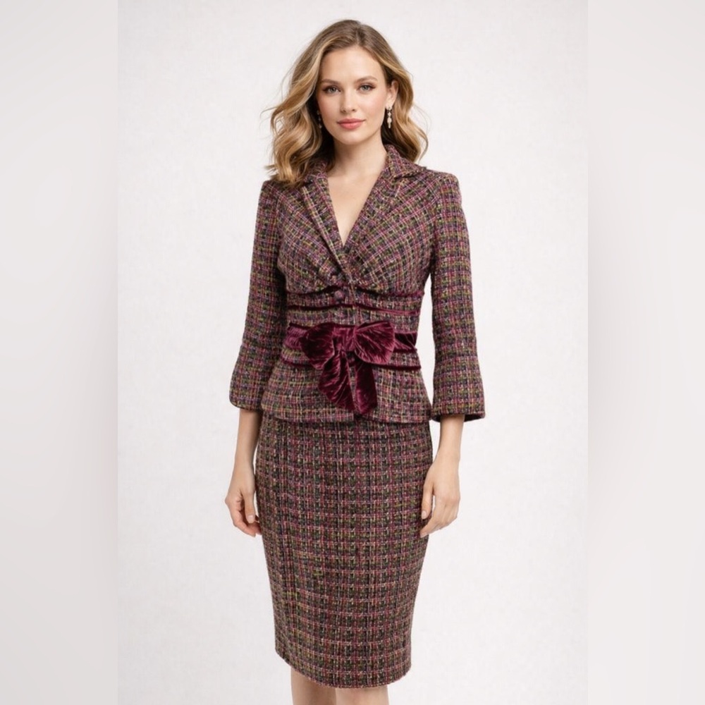 Vintage Kay Unger New York Tweed Blazer Jacket Suit with Skirt | Velvet Bow Sz 8